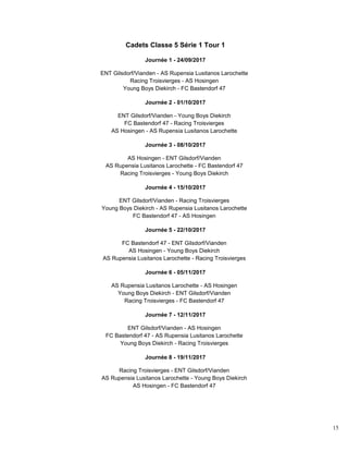 15
Cadets Classe 5 Série 1 Tour 1
Journée 1 - 24/09/2017
ENT Gilsdorf/Vianden - AS Rupensia Lusitanos Larochette
Racing Troisvierges - AS Hosingen
Young Boys Diekirch - FC Bastendorf 47
Journée 2 - 01/10/2017
ENT Gilsdorf/Vianden - Young Boys Diekirch
FC Bastendorf 47 - Racing Troisvierges
AS Hosingen - AS Rupensia Lusitanos Larochette
Journée 3 - 08/10/2017
AS Hosingen - ENT Gilsdorf/Vianden
AS Rupensia Lusitanos Larochette - FC Bastendorf 47
Racing Troisvierges - Young Boys Diekirch
Journée 4 - 15/10/2017
ENT Gilsdorf/Vianden - Racing Troisvierges
Young Boys Diekirch - AS Rupensia Lusitanos Larochette
FC Bastendorf 47 - AS Hosingen
Journée 5 - 22/10/2017
FC Bastendorf 47 - ENT Gilsdorf/Vianden
AS Hosingen - Young Boys Diekirch
AS Rupensia Lusitanos Larochette - Racing Troisvierges
Journée 6 - 05/11/2017
AS Rupensia Lusitanos Larochette - AS Hosingen
Young Boys Diekirch - ENT Gilsdorf/Vianden
Racing Troisvierges - FC Bastendorf 47
Journée 7 - 12/11/2017
ENT Gilsdorf/Vianden - AS Hosingen
FC Bastendorf 47 - AS Rupensia Lusitanos Larochette
Young Boys Diekirch - Racing Troisvierges
Journée 8 - 19/11/2017
Racing Troisvierges - ENT Gilsdorf/Vianden
AS Rupensia Lusitanos Larochette - Young Boys Diekirch
AS Hosingen - FC Bastendorf 47
 