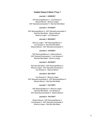 19
Cadets Classe 5 Série 3 Tour 1
Journée 1 - 24/09/2017
ENT Bertrange/Mamer II - Una Strassen II
Marisca Mersch - Minerva Lintgen
ENT Steinsel/Lorentzweiler II - Red Star Merl-Belair
Journée 2 - 01/10/2017
ENT Bertrange/Mamer II - ENT Steinsel/Lorentzweiler II
Red Star Merl-Belair - Marisca Mersch
Minerva Lintgen - Una Strassen II
Journée 3 - 08/10/2017
Minerva Lintgen - ENT Bertrange/Mamer II
Una Strassen II - Red Star Merl-Belair
Marisca Mersch - ENT Steinsel/Lorentzweiler II
Journée 4 - 15/10/2017
ENT Bertrange/Mamer II - Marisca Mersch
ENT Steinsel/Lorentzweiler II - Una Strassen II
Red Star Merl-Belair - Minerva Lintgen
Journée 5 - 22/10/2017
Red Star Merl-Belair - ENT Bertrange/Mamer II
Minerva Lintgen - ENT Steinsel/Lorentzweiler II
Una Strassen II - Marisca Mersch
Journée 6 - 05/11/2017
Una Strassen II - Minerva Lintgen
ENT Steinsel/Lorentzweiler II - ENT Bertrange/Mamer II
Marisca Mersch - Red Star Merl-Belair
Journée 7 - 12/11/2017
ENT Bertrange/Mamer II - Minerva Lintgen
Red Star Merl-Belair - Una Strassen II
ENT Steinsel/Lorentzweiler II - Marisca Mersch
Journée 8 - 19/11/2017
Marisca Mersch - ENT Bertrange/Mamer II
Una Strassen II - ENT Steinsel/Lorentzweiler II
Minerva Lintgen - Red Star Merl-Belair
 