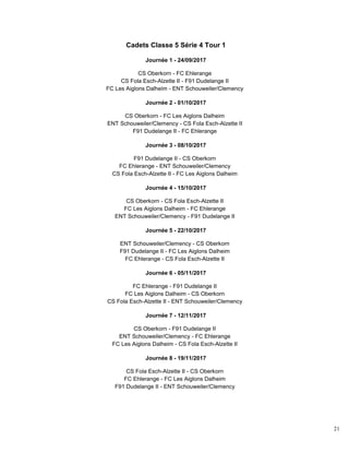 21
Cadets Classe 5 Série 4 Tour 1
Journée 1 - 24/09/2017
CS Oberkorn - FC Ehlerange
CS Fola Esch-Alzette II - F91 Dudelange II
FC Les Aiglons Dalheim - ENT Schouweiler/Clemency
Journée 2 - 01/10/2017
CS Oberkorn - FC Les Aiglons Dalheim
ENT Schouweiler/Clemency - CS Fola Esch-Alzette II
F91 Dudelange II - FC Ehlerange
Journée 3 - 08/10/2017
F91 Dudelange II - CS Oberkorn
FC Ehlerange - ENT Schouweiler/Clemency
CS Fola Esch-Alzette II - FC Les Aiglons Dalheim
Journée 4 - 15/10/2017
CS Oberkorn - CS Fola Esch-Alzette II
FC Les Aiglons Dalheim - FC Ehlerange
ENT Schouweiler/Clemency - F91 Dudelange II
Journée 5 - 22/10/2017
ENT Schouweiler/Clemency - CS Oberkorn
F91 Dudelange II - FC Les Aiglons Dalheim
FC Ehlerange - CS Fola Esch-Alzette II
Journée 6 - 05/11/2017
FC Ehlerange - F91 Dudelange II
FC Les Aiglons Dalheim - CS Oberkorn
CS Fola Esch-Alzette II - ENT Schouweiler/Clemency
Journée 7 - 12/11/2017
CS Oberkorn - F91 Dudelange II
ENT Schouweiler/Clemency - FC Ehlerange
FC Les Aiglons Dalheim - CS Fola Esch-Alzette II
Journée 8 - 19/11/2017
CS Fola Esch-Alzette II - CS Oberkorn
FC Ehlerange - FC Les Aiglons Dalheim
F91 Dudelange II - ENT Schouweiler/Clemency
 