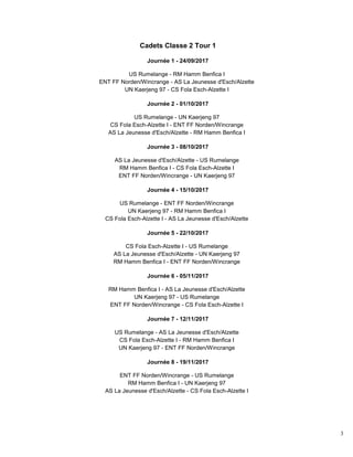 3
Cadets Classe 2 Tour 1
Journée 1 - 24/09/2017
US Rumelange - RM Hamm Benfica I
ENT FF Norden/Wincrange - AS La Jeunesse d'Esch/Alzette
UN Kaerjeng 97 - CS Fola Esch-Alzette I
Journée 2 - 01/10/2017
US Rumelange - UN Kaerjeng 97
CS Fola Esch-Alzette I - ENT FF Norden/Wincrange
AS La Jeunesse d'Esch/Alzette - RM Hamm Benfica I
Journée 3 - 08/10/2017
AS La Jeunesse d'Esch/Alzette - US Rumelange
RM Hamm Benfica I - CS Fola Esch-Alzette I
ENT FF Norden/Wincrange - UN Kaerjeng 97
Journée 4 - 15/10/2017
US Rumelange - ENT FF Norden/Wincrange
UN Kaerjeng 97 - RM Hamm Benfica I
CS Fola Esch-Alzette I - AS La Jeunesse d'Esch/Alzette
Journée 5 - 22/10/2017
CS Fola Esch-Alzette I - US Rumelange
AS La Jeunesse d'Esch/Alzette - UN Kaerjeng 97
RM Hamm Benfica I - ENT FF Norden/Wincrange
Journée 6 - 05/11/2017
RM Hamm Benfica I - AS La Jeunesse d'Esch/Alzette
UN Kaerjeng 97 - US Rumelange
ENT FF Norden/Wincrange - CS Fola Esch-Alzette I
Journée 7 - 12/11/2017
US Rumelange - AS La Jeunesse d'Esch/Alzette
CS Fola Esch-Alzette I - RM Hamm Benfica I
UN Kaerjeng 97 - ENT FF Norden/Wincrange
Journée 8 - 19/11/2017
ENT FF Norden/Wincrange - US Rumelange
RM Hamm Benfica I - UN Kaerjeng 97
AS La Jeunesse d'Esch/Alzette - CS Fola Esch-Alzette I
 