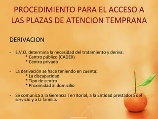 PROCEDIMIENTO PARA EL ACCESO A LAS PLAZAS DE ATENCION TEMPRANA DERIVACION E.V.O. determina la necesidad del tratamiento y deriva: * Centro público (CADEX) * Centro privado La derivación se hace teniendo en cuenta: * La discapacidad * Tipo de centro  * Proximidad al domicilio Se comunica a la Gerencia Territorial, a la Entidad prestadora del servicio y a la familia . 