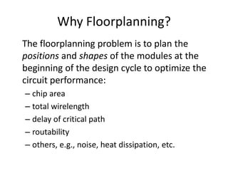 Why Floorplanning?
The floorplanning problem is to plan the
positions and shapes of the modules at the
beginning of the design cycle to optimize the
circuit performance:
– chip area
– total wirelength
– delay of critical path
– routability
– others, e.g., noise, heat dissipation, etc.
 