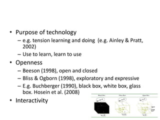• Purpose of technology
– e.g. tension learning and doing (e.g. Ainley & Pratt,
2002)
– Use to learn, learn to use
• Openness
– Beeson (1998), open and closed
– Bliss & Ogborn (1998), exploratory and expressive
– E.g. Buchberger (1990), black box, white box, glass
box. Hosein et al. (2008)
• Interactivity
 
