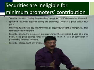 Securities are ineligible for minimum promoters’ contributionSecurities acquired during the preceding 3 years for consideration other than cash.Specified securities acquired during the preceding 1 year at a price below Issue price,However, if promoters pay the difference, or acquired pursuant to merger etc., then such securities are eligible.Securities allotted to promoters acquired during the preceding 1 year at a price below Issue price against funds brought in by them in case of conversion of partnership firm into company.Securities pledged with any creditor.CA DHRUV AGRAWAL