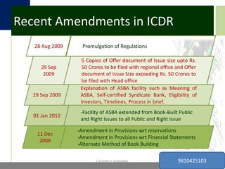 Recent Amendments in ICDR28 Aug 2009Promulgation of Regulations29 Sep 20095 Copies of Offer document of Issue size upto Rs. 50 Crores to be filed with regional office and Offer document of Issue Size exceeding Rs. 50 Crores to be filed with Head office 29 Sep 2009Explanation of ASBA facility such as Meaning of ASBA, Self-certified Syndicate Bank, Eligibility of Investors, Timelines, Process in brief.01 Jan 2010-Facility of ASBA extended from Book-Built Public and Right Issues to all Public and Right Issue11 Dec 2009 Amendment in Provisions wrt reservations