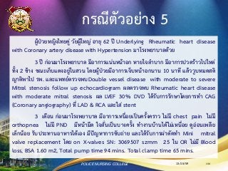 กรณีตัวอย่าง 5
ผู้ป่วยหญิงไทยคู่ วัยผู้ใหญ่ อายุ 62 ปี Underlying Rheumatic heart disease
with Coronary artery disease with Hypertension มาโรงพยาบาลด้วย
3 ปี ก่อนมาโรงพยาบาล มีอาการแน่นหน้าอก หายใจลาบาก มีอาการปวดร้าวไปไหล่
ทั้ง 2 ข้าง ขณะเก็บแตงอยู่ในสวน โดยผู้ป่วยมีอาการเจ็บหน้าอกนาน 10 นาที แล้ววูบหมดสติ
ญาติพาไป รพ. และแพทย์ตรวจพบDouble vessel disease with moderate to severe
Mitral stenosis follow up echocardiogram ผลตรวจพบ Rheumatic heart disease
with moderate mitral stenosis ผล LVEF 30% DVD ได้รับการรักษาโดยการทา CAG
(Coronary angiography) ที่ LAD & RCA และใส่ stent
3 เดือน ก่อนมาโรงพยาบาล มีอาการเหนื่อยเป็นครั้งคราว ไม่มี chest pain ไม่มี
orthopnea ไม่มี PND มีหน้ามืด ใจสั่นเป็นบางครั้ง ทางานบ้านได้ไม่เหนื่อย ดูอ่อนเพลีย
เล็กน้อย รับประทานอาหารได้เอง มีปัญหาการขับถ่าย และได้รับการผ่าตัดทา Mini mitral
valve replacement โดย on X-valves SN: 3069507 szmm 25 ใน OR ไม่มี Blood
loss, BSA 1.60 m2, Total pump time 94 mins. Total clamp time 65 mins.
13/10/59POLICE NURSING COLLEGE 134
 
