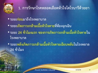 1. การรักษาโรคหลอดเลือดหัวใจโคโรนารีด้วยยา
•ระยะก่อนมาถึงโรงพยาบาล
•ระยะเกิดภาวะกล้ามเนื้อหัวใจตายที่ห้องฉุกเฉิน
•ระยะ 24 ชั่วโมงแรก ของการเกิดภาวะกล้ามเนื้อหัวใจตายใน
โรงพยาบาล
•ระยะหลังเกิดภาวะกล้ามเนื้อหัวใจตายเฉียบพลันในโรงพยาล
24 ชั่วโมง
13/10/59POLICE NURSING COLLEGE 16
 