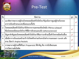 Pre-Test
13/10/59
ข้อ ข้อความ ถูก ผิด
1 แนวคิดการพยาบาลผู้ป่วยโรคหลอดเลือดหัวใจโคโรนารีมุ่งเน้นการดูแลผู้ป่วยในระยะ
อาการเจ็บหน้าอกแบบคงที่และแบบเรื้อรัง
2 โรคหลอดเลือดหัวใจโคโรนารีเกิดจากการแตกของก้อนไขมัน (fibrous plaque)
ที่ผนังหลอดเลือดแดงโคโรนารีที่มีการอักเสบและแข็ง (atherosclerosis)
3 ปัญหาสาคัญของโรคหลอดเลือดหัวใจโคโรนารีคือภาวะกล้ามเนื้อหัวใจขาดเลือดไปเลี้ยง
4 เมื่อมีอาการเจ็บแน่นหน้าอกร้าวไปไหล่ซ้ายร่วมกับหายใจลาบากและอมยา isordil แล้ว
หาย เรียกว่า Angina Pectoris
5 การพยาบาลผู้ป่วยที่ได้รับยา Propanolol ที่สาคัญ คือ การจับชีพจรและ
การวัดความดันโลหิต





POLICE NURSING COLLEGE 4
 