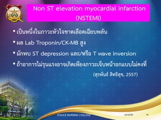 4. การสังเกตอาการและอาการแสดง
13/10/59
Coronary Artery
Disease
Asymptomatic Symptomatic
Stable
Angina
Acute Coronary
Syndrome
ST elevation
Myocardial Infarction
Unstable
Angina
Non ST elevation
Myocardial Infarction
Angina
Pectoris
POLICE NURSING COLLEGE 44
 