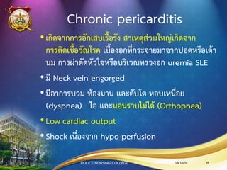 แบ่งตามชั้นของหัวใจ
•การอักเสบของเยื่อหุ้ม
หัวใจ (Pericarditis)
•การอักเสบของกล้ามเนื้อ
หัวใจ (Myocarditis)
•การอักเสบเยื่อบุด้านใน
ของหัวใจ
(Endocarditis)
13/10/59POLICE NURSING COLLEGE 68
 