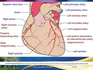 13/10/59
ภาพแสดงหลอดเลือดหัวใจโคโรนารี จาก http://ctvstexas.com/about-ctvs/our-services/cardiac-services/coronary-artery-bypass-grafting-cabg/
POLICE NURSING COLLEGE 7
 