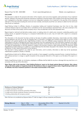 Cadila Healthcare | 2QFY2011 Result Update


  Research Team Tel: 022 - 4040 3800                    E-mail: research@angeltrade.com                    Website: www.angeltrade.com

  DISCLAIMER
  This document is solely for the personal information of the recipient, and must not be singularly used as the basis of any investment
  decision. Nothing in this document should be construed as investment or financial advice. Each recipient of this document should make
  such investigations as they deem necessary to arrive at an independent evaluation of an investment in the securities of the companies
  referred to in this document (including the merits and risks involved), and should consult their own advisors to determine the merits and
  risks of such an investment.

  Angel Broking Limited, its affiliates, directors, its proprietary trading and investment businesses may, from time to time, make
  investment decisions that are inconsistent with or contradictory to the recommendations expressed herein. The views contained in this
  document are those of the analyst, and the company may or may not subscribe to all the views expressed within.

  Reports based on technical and derivative analysis center on studying charts of a stock's price movement, outstanding positions and
  trading volume, as opposed to focusing on a company's fundamentals and, as such, may not match with a report on a company's
  fundamentals.

  The information in this document has been printed on the basis of publicly available information, internal data and other reliable
  sources believed to be true, but we do not represent that it is accurate or complete and it should not be relied on as such, as this
  document is for general guidance only. Angel Broking Limited or any of its affiliates/ group companies shall not be in any way
  responsible for any loss or damage that may arise to any person from any inadvertent error in the information contained in this report.
  Angel Broking Limited has not independently verified all the information contained within this document. Accordingly, we cannot testify,
  nor make any representation or warranty, express or implied, to the accuracy, contents or data contained within this document. While
  Angel Broking Limited endeavours to update on a reasonable basis the information discussed in this material, there may be regulatory,
  compliance, or other reasons that prevent us from doing so.
  This document is being supplied to you solely for your information, and its contents, information or data may not be reproduced,
  redistributed or passed on, directly or indirectly.

  Angel Broking Limited and its affiliates may seek to provide or have engaged in providing corporate finance, investment banking or
  other advisory services in a merger or specific transaction to the companies referred to in this report, as on the date of this report or in
  the past.

  Neither Angel Broking Limited, nor its directors, employees or affiliates shall be liable for any loss or damage that may arise from or in
  connection with the use of this information.

  Note: Please refer to the important `Stock Holding Disclosure' report on the Angel website (Research Section). Also, please
  refer to the latest update on respective stocks for the disclosure status in respect of those stocks. Angel Broking Limited and
  its affiliates may have investment positions in the stocks recommended in this report.




  Disclosure of Interest Statement                                           Cadila Healthcare
  1. Analyst ownership of the stock                                                 No
  2. Angel and its Group companies ownership of the stock                           Yes
  3. Angel and its Group companies' Directors ownership of the stock                No
  4. Broking relationship with company covered                                      No

  Note: We have not considered any Exposure below ` 1 lakh for Angel, its Group companies and Directors.



  Ratings (Returns):              Buy (> 15%)                      Accumulate (5% to 15%)                 Neutral (-5 to 5%)
                                  Reduce (-5% to 15%)              Sell (< -15%)


October 19, 2010                                                                                                                          10
 
