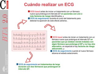 BTA2.0 Cuándo realizar un ECG
ECG basal antes de iniciar un tratamiento con un fármaco
nuevo que prolongue el intervalo QT en pacientes con uno o
más factores de riesgo identificados, y
ECG de seguimiento durante el curso del tratamiento para
detectar la aparición de este efecto adverso.
ECG basal antes de iniciar un tratamiento con un
fármaco nuevo que prolongue el intervalo QT en
pacientes que ya estaban siendo tratados con
algún fármaco que prolonga el QT y no hay otra
alternativa, en especial si hay factores de riesgo
adicionales, y
ECG de seguimiento cuando el nuevo fármaco
alcance el estado estacionario.
ECG de seguimiento en tratamientos de larga
duración con dos fármacos que prolonguen el
intervalo QT.
 