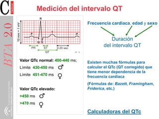 BTA2.0 Medición del intervalo QT
Valor QTc normal: 400-440 ms;
Límite 430-450 ms
Límite 451-470 ms
Valor QTc elevado:
>450 ms
>470 ms
Frecuencia cardiaca, edad y sexo
Duración
del intervalo QT
Existen muchas fórmulas para
calcular el QTc (QT corregido) que
tiene menor dependencia de la
frecuencia cardiaca
(Fórmulas de: Bazett, Framingham,
Friderica, etc.)
Calculadoras del QTc
 