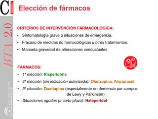 BTA2.0 Elección de fármacos
CRITERIOS DE INTERVENCIÓN FARMACOLÓGICA:
• Síntomatología grave o situaciones de emergencia.
• Fracaso de medidas no farmacológicas u otros tratamientos.
• Marcada gravedad de alteraciones conductuales.
FÁRMACOS:
• 1ª elección: Risperidona
• 2ª elección (sin indicación autorizada): Olanzapina, Aripiprazol
• 3ª elección: Quetiapina (especialmente en demencia por cuerpos
de Lewy y Parkinson)
• Situaciones agudas (a corto plazo): Haloperidol
 