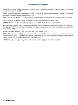 98 –
Referências bibliográﬁcas
BARBOSA, Ana Mae; CUNHA, Fernanda Pereira da. (Orgs.) Abordagem triangular no ensino das artes e culturas
visuais. São Paulo: Cortez, 2010.
BRASIL. Ministério da Educação e Cultura. LDB – Lei n.o
9394/96, de 20 de dezembro de 1996. Estabelece as diretrizes
e bases da Educação Nacional. Brasília: MEC, 1996.
BRITO, Alencar Teca. Música na educação infantil – propostas para a formação integral. São Paulo: Peirópolis, 2004.
DAVIS, Curtis W.; MENUHIM, Yehudi. A música do homem. São Paulo: Martins Fontes, 1988.
GAINZA, Violeta H. de. Estudos de Psicopedagogia Musical. São Paulo: Summus Editorial, 1988.
MACHADO, Regina Stela. Sobre mapas e bússolas: apontamentos a respeito da abordagem triangular. In: BARBOSA,
Ana Mae; CUNHA, Fernanda Pereira da. (Orgs.) Abordagem triangular no ensino das artes e culturas visuais. São
Paulo: Cortez, 2010.
MEIRIEU, Philippe. Aprender... Sim, mas como? São Paulo: Artmed, 1998.
SUBTIL, Maria José Dozza. Os processos históricos do ensino de arte para as crianças nos anos iniciais do Ensino
Fundamental. In: GUSSO, Angela Mari et al. Ensino Fundamental de nove anos: orientações pedagógicas para os anos
iniciais. Curitiba (PR): Secretaria de Estado da Educação, 2010.
VYGOTSKY, L. S. La imaginación y el arte en la infancia. Madrid, Espanha: Akal Ediciónes, 1998.
 