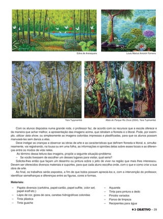 – 29
Edna de Araraquara Louis Marius Amorim Ferreira
Yara Tupynambá Mata do Parque Rio Doce (2004), Yara Tupinambá
Com os alunos dispostos numa grande roda, o professor faz, de acordo com os recursos que a escola oferece e
da maneira que achar melhor, a apresentação das imagens acima, que retratam a ﬂoresta e o litoral. Pode, por exem-
plo, utilizar data show, ou simplesmente as imagens coloridas impressas e plastiﬁcadas, para que os alunos possam
manuseá-las sem danos a elas.
Deve instigar as crianças a observar as obras de arte e as características que deﬁnem ﬂoresta e litoral, e, simulta-
neamente, vai registrando, na lousa ou em uma folha, as informações e opiniões delas sobre esses locais e as diferen-
ças entre os modos de vida neles.
Ao término dessa leitura das imagens, propõe a seguinte situação-problema:
– Se vocês tivessem de escolher um desses lugares para visitar, qual seria?
Solicita-lhes então que façam um desenho ou pintura sobre o jeito de viver na região que mais lhes interessou.
Devem ser oferecidos diversos materiais e suportes, para que cada aluno escolha onde, com o que e como criar a sua
obra de arte.
Ao ﬁnal, os trabalhos serão expostos, a ﬁm de que todos possam apreciá-los e, com a intervenção do professor,
identiﬁcar semelhanças e diferenças entre as ﬁguras, cores e formas.
Materiais:
– Papéis diversos (cartolina, papel-cartão, papel sulﬁte, color set,
papel kraft etc.)
– Lápis de cor, gizes de cera, canetas hidrográﬁcas coloridas
– Tinta plástica
– Tinta guache
– Aquarela
– Tinta para pintura a dedo
– Pincéis variados
– Panos de limpeza
– Recipientes para água
 