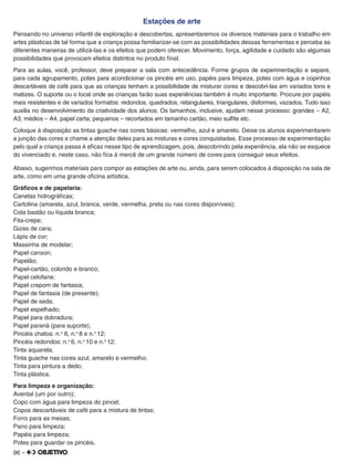 96 –
Estações de arte
Pensando no universo infantil de exploração e descobertas, apresentaremos os diversos materiais para o trabalho em
artes plásticas de tal forma que a criança possa familiarizar-se com as possibilidades dessas ferramentas e perceba as
diferentes maneiras de utilizá-las e os efeitos que podem oferecer. Movimento, força, agilidade e cuidado são algumas
possibilidades que provocam efeitos distintos no produto ﬁnal.
Para as aulas, você, professor, deve preparar a sala com antecedência. Forme grupos de experimentação e separe,
para cada agrupamento, potes para acondicionar os pincéis em uso, papéis para limpeza, potes com água e copinhos
descartáveis de café para que as crianças tenham a possibilidade de misturar cores e descobri-las em variados tons e
matizes. O suporte ou o local onde as crianças farão suas experiências também é muito importante. Procure por papéis
mais resistentes e de variados formatos: redondos, quadrados, retangulares, triangulares, disformes, vazados. Tudo isso
auxilia no desenvolvimento da criatividade dos alunos. Os tamanhos, inclusive, ajudam nesse processo: grandes – A2,
A3; médios – A4, papel carta; pequenos – recortados em tamanho cartão, meio sulﬁte etc.
Coloque à disposição as tintas guache nas cores básicas: vermelho, azul e amarelo. Deixe os alunos experimentarem
a junção das cores e chame a atenção deles para as misturas e cores conquistadas. Esse processo de experimentação
pelo qual a criança passa é eﬁcaz nesse tipo de aprendizagem, pois, descobrindo pela experiência, ela não se esquece
do vivenciado e, neste caso, não ﬁca à mercê de um grande número de cores para conseguir seus efeitos.
Abaixo, sugerimos materiais para compor as estações de arte ou, ainda, para serem colocados à disposição na sala de
arte, como em uma grande oﬁcina artística.
Gráﬁcos e de papelaria:
Canetas hidrográﬁcas;
Cartolina (amarela, azul, branca, verde, vermelha, preta ou nas cores disponíveis);
Cola bastão ou líquida branca;
Fita-crepe;
Gizes de cera;
Lápis de cor;
Massinha de modelar;
Papel canson;
Papelão;
Papel-cartão, colorido e branco;
Papel celofane;
Papel crepom de fantasia;
Papel de fantasia (de presente);
Papel de seda;
Papel espelhado;
Papel para dobradura;
Papel paraná (para suporte);
Pincéis chatos: n.o
6, n.o
8 e n.o
12;
Pincéis redondos: n.o
6, n.o
10 e n.o
12;
Tinta aquarela;
Tinta guache nas cores azul, amarelo e vermelho;
Tinta para pintura a dedo;
Tinta plástica.
Para limpeza e organização:
Avental (um por outro);
Copo com água para limpeza do pincel;
Copos descartáveis de café para a mistura de tintas;
Forro para as mesas;
Pano para limpeza;
Papéis para limpeza;
Potes para guardar os pincéis.
 