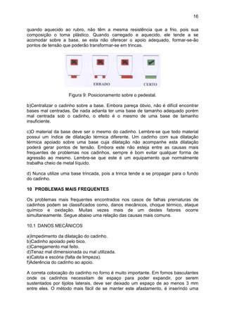 16
quando aquecido ao rubro, não têm a mesma resistência que a frio, pois sua
composição o toma plástico. Quando carregado e aquecido, ele tende a se
acomodar sobre a base, se esta não oferecer o apoio adequado, formar-se-ão
pontos de tensão que poderão transformar-se em trincas.
Figura 9: Posicionamento sobre o pedestal.
b)Centralizar o cadinho sobre a base. Embora pareça óbvio, não é difícil encontrar
bases mal centradas. De nada adianta ter uma base de tamanho adequado porém
mal centrada sob o cadinho, o efeito é o mesmo de uma base de tamanho
insuficiente.
c)O material da base deve ser o mesmo do cadinho. Lembre-se que todo material
possui um índice de dilatação térmica diferente. Um cadinho com sua dilatação
térmica apoiado sobre uma base cuja dilatação não acompanhe esta dilatação
poderá gerar pontos de tensão. Embora este não esteja entre as causas mais
frequentes de problemas nos cadinhos, sempre é bom evitar qualquer forma de
agressão ao mesmo. Lembre-se que este é um equipamento que normalmente
trabalha cheio de metal líquido.
d) Nunca utilize uma base trincada, pois a trinca tende a se propagar para o fundo
do cadinho.
10 PROBLEMAS MAIS FREQUENTES
Os problemas mais frequentes encontrados nos casos de falhas prematuras de
cadinhos podem se classificados como, danos mecânicos, choque térmico, ataque
químico e oxidação. Muitas vezes mais de um destes fatores ocorre
simultaneamente. Segue abaixo uma relação das causas mais comuns.
10.1 DANOS MECÂNICOS
a)Impedimento da dilatação do cadinho.
b)Cadinho apoiado pelo bico.
c)Carregamento mal feito.
d)Tenaz mal dimensionada ou mal utilizada.
e)Calota e escória (falta de limpeza).
f)Aderência do cadinho ao apoio.
A correta colocação do cadinho no forno é muito importante. Em fomos basculantes
onde os cadinhos necessitam de espaço para poder expandir, por serem
sustentados por tijolos laterais, deve ser deixado um espaço de ao menos 3 mm
entre eles. O método mais fácil de se manter este afastamento, é inserindo uma
 
