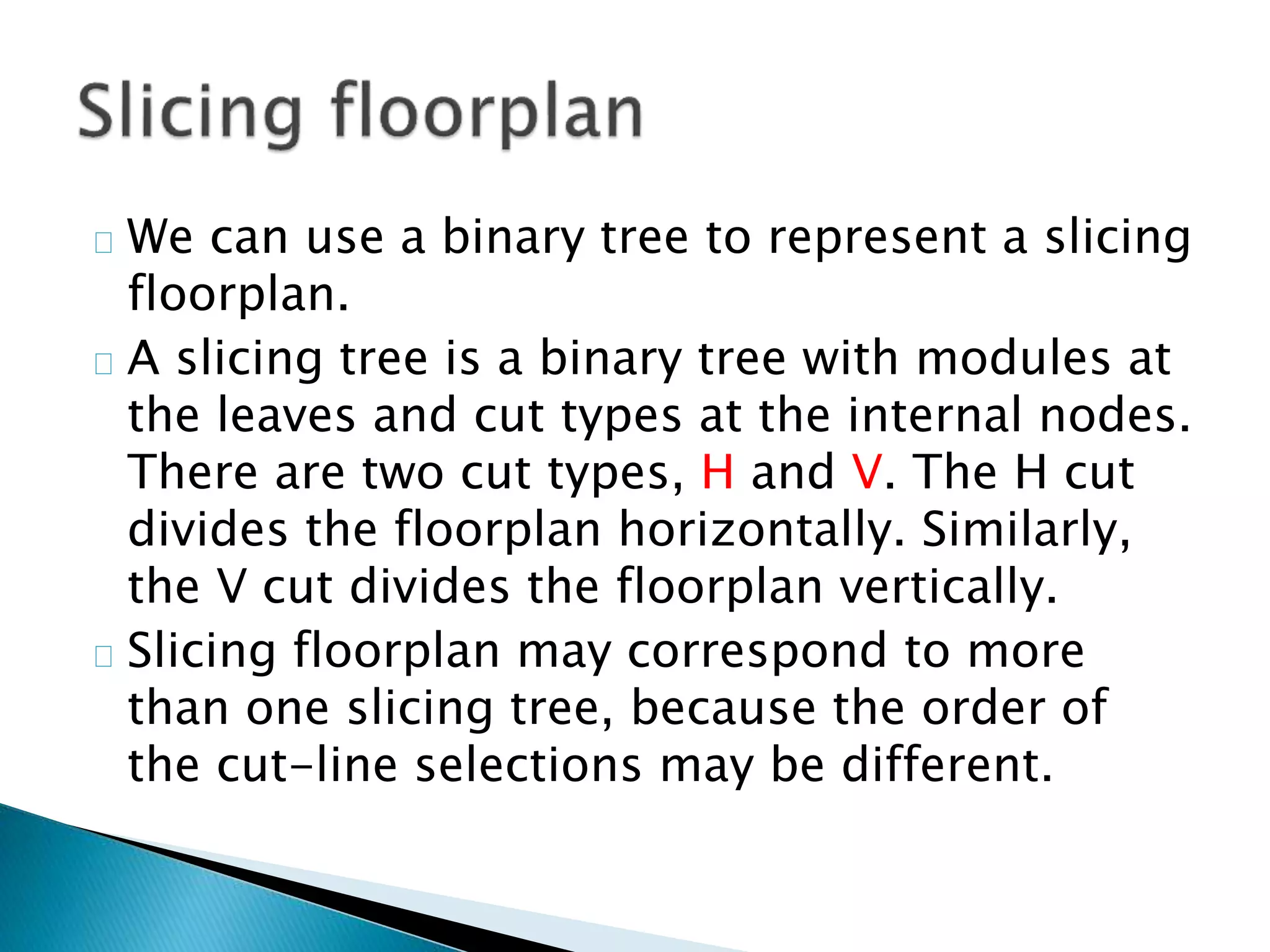 We can use a binary tree to represent a slicing
floorplan.
A slicing tree is a binary tree with modules at
the leaves and cut types at the internal nodes.
There are two cut types, H and V. The H cut
divides the floorplan horizontally. Similarly,
the V cut divides the floorplan vertically.
Slicing floorplan may correspond to more
than one slicing tree, because the order of
the cut-line selections may be different.
 