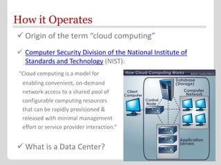 How it Operates
 Origin of the term “cloud computing”
 Computer Security Division of the National Institute of
  Standards and Technology (NIST):
 "Cloud computing is a model for
  enabling convenient, on-demand
  network access to a shared pool of
  configurable computing resources
  that can be rapidly provisioned &
  released with minimal management
  effort or service provider interaction.”


 What is a Data Center?
 
