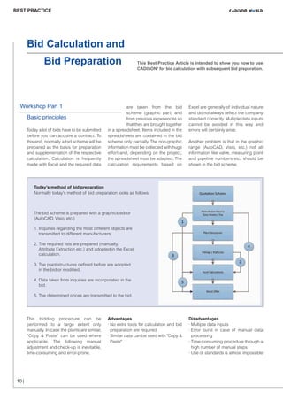 CW_Issue5_Layout 1 08.06.12 20:41 Seite 10

BEST PRACTICE

Bid Calculation and
Bid Preparation

Workshop Part 1

Basic principles
Today a lot of bids have to be submitted
before you can acquire a contract. To
this end, normally a bid scheme will be
prepared as the basis for preparation
and supplementation of the respective
calculation. Calculation is frequently
made with Excel and the required data

This Best Practice Article is intended to show you how to use
CADISON® for bid calculation with subsequent bid preparation.

are taken from the bid
scheme (graphic part) and
from previous experiences so
that they are brought together
in a spreadsheet. Items included in the
spreadsheets are contained in the bid
scheme only partially. The non-graphic
information must be collected with huge
effort and, depending on the project,
the spreadsheet must be adapted. The
calculation requirements based on

Excel are generally of individual nature
and do not always reflect the company
standard correctly. Multiple data inputs
cannot be avoided in this way and
errors will certainly arise.
Another problem is that in the graphic
range (AutoCAD, Visio, etc.) not all
information like valve, measuring point
and pipeline numbers etc. should be
shown in the bid scheme.

Today’s method of bid preparation
Normally today’s method of bid preparation looks as follows:

The bid scheme is prepared with a graphics editor
(AutoCAD, Visio, etc.)
1. Inquiries regarding the most different objects are
transmitted to different manufacturers.
2. The required lists are prepared (manually,
Attribute Extraction etc.) and adopted in the Excel
calculation.
3. The plant structures defined before are adopted
in the bid or modified.
4. Data taken from inquiries are incorporated in the
bid.
5. The determined prices are transmitted to the bid.

This bidding procedure can be
performed to a large extent only
manually. In case the plants are similar,
”Copy & Paste“ can be used where
applicable. The following manual
adjustment and check-up is inevitable,
time-consuming and error-prone.

10 |

Advantages
· No extra tools for calculation and bid
preparation are required
· Similar data can be used with "Copy &
Paste"

Disadvantages
· Multiple data inputs
· Error burst in case of manual data
processing
· Time-consuming procedure through a
high number of manual steps
· Use of standards is almost impossible

 