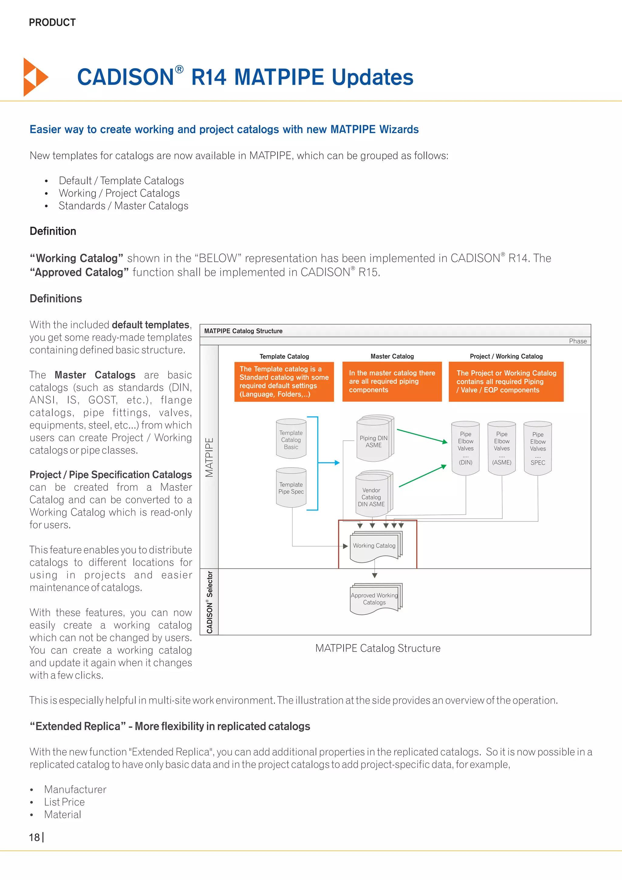 ® CADISON R14 MATPIPE Updates 
Easier way to create working and project catalogs with new MATPIPE Wizards 
New templates for catalogs are now available in MATPIPE, which can be grouped as follows: 
?Default / Template Catalogs 
?Working / Project Catalogs 
?Standards / Master Catalogs 
Definition 
® “Working Catalog” shown in the “BELOW” representation has been implemented in CADISON R14. The 
® “Approved Catalog” function shall be implemented in CADISON R15. 
Definitions 
With the included default templates, 
you get some ready-made templates 
containing defined basic structure. 
The Master Catalogs are basic 
catalogs (such as standards (DIN, 
ANSI, IS, GOST, etc.), flange 
catalogs, pipe fittings, valves, 
equipments, steel, etc...) from which 
users can create Project / Working 
catalogs or pipe classes. 
Project / Pipe Specification Catalogs 
can be created from a Master 
Catalog and can be converted to a 
Working Catalog which is read-only 
for users. 
This feature enables you to distribute 
catalogs to different locations for 
using in projects and easier 
maintenance of catalogs. 
With these features, you can now 
easily create a working catalog 
which can not be changed by users. 
You can create a working catalog 
and update it again when it changes 
with a few clicks. 
This is especially helpful in multi-site work environment. The illustration at the side provides an overview of the operation. 
“Extended Replica” - More flexibility in replicated catalogs 
With the new function "Extended Replica", you can add additional properties in the replicated catalogs. So it is now possible in a 
replicated catalog to have only basic data and in the project catalogs to add project-specific data, for example, 
?Manufacturer 
?List Price 
?Material 
Template 
Catalog 
Basic 
Template 
Pipe Spec 
Project / Working Catalog 
MATPIPE Catalog Structure 
Template Catalog Master Catalog 
The Template catalog is a 
Standard catalog with some 
required default settings 
(Language, Folders,..) 
In the master catalog there 
are all required piping 
components 
The Project or Working Catalog 
contains all required Piping 
/ Valve / EQP components 
Piping DIN 
ASME 
Vendor 
Catalog 
DIN ASME 
Working Catalog 
Approved Working 
Catalogs 
Pipe 
Elbow 
Valves 
.... 
(DIN) 
Pipe 
Elbow 
Valves 
.... 
(ASME) 
Pipe 
Elbow 
Valves 
.... 
SPEC 
Phase 
CADISON Selector MATPIPE ® 
Phase 
MATPIPE Catalog Structure 
PRODUCT 
18 
 