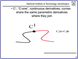 23
– C1
, “C-one”, continuous derivatives, curves
share the same parametric derivatives
where they join
C´1(1)= C´2(0)
National Institute of Technology Jamshedpur
 