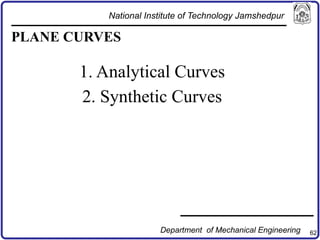 62
PLANE CURVES
1. Analytical Curves
2. Synthetic Curves
National Institute of Technology Jamshedpur
Department of Mechanical Engineering
 
