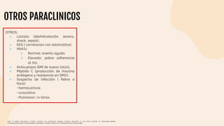 OTROS PARACLINICOS
Gasler N. Diabetic ketoacidosis in children: Treatment and complications. Uptodate. [Internet]. [Consultado 21 Junio 2022]. Disponible en: https://www-uptodate-
com.ezproxy.javeriana.edu.co/contents/diabetic-ketoacidosis-in-children-treatment-and-complications?source=history_widget
OTROS:
● Lactato (deshidratación severa,
shock, sepsis).
● EKG ( correlacion con electrolitos)
● HbA1c
○ Normal: evento agudo.
○ Elevado: pobre adherencia
al tto.
● Anticuerpos (DM de nuevo inicio).
● Péptido C (producción de insulina
endógena y resistencia en DM2).
● Sospecha de infección ( fiebre o
foco):
-hemocultivos
-urocultivo
-Pulmonar: rx tórax.
 