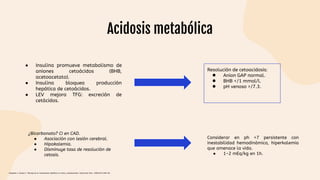 Acidosis metabólica
Resolución de cetoacidosis:
● Anion GAP normal.
● BHB </1 mmol/l.
● pH venoso >/7.3.
● Insulina promueve metabolismo de
aniones cetoácidos (BHB,
acetoacetato).
● Insulina bloquea producción
hepática de cetoácidos.
● LEV mejora TFG: excreción de
cetácidos.
¿Bicarbonato? CI en CAD.
● Asociación con lesión cerebral.
● Hipokalemia.
● Disminuye tasa de resolución de
cetosis.
Considerar en ph <7 persistente con
inestabilidad hemodinámica, hiperkalemia
que amenace la vida.
● 1-2 mEq/kg en 1h.
Céspedes C, Bustos C. Manejo de la cetoacidosis diabética en niños y adolescentes. Endocrinol Nutr. 2008;55(7):289-96.
 