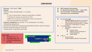 Glucosa: >200 mg/dl / >250.
Cetosis
Serico ( beta hidroxibutirato): >/ 3 mmol/L.
Orina
 Tiras de nitroprusiato detectan acetoacetato (no BHBO)
 Persistencia durante recuperación de CAD.
--BHBO hace conversión a acetoacetate durante recuperación
--No sirve para determiner severidad.
Acidosis metabólica: ph venoso <7.3 o bicarbonato <15 mEq/L.
Severidad depende de:
Duración de producción cetoácida (presentacion tardia a centro de salud)
tasa de excreción ácida en orina (IR)
compensación respiratoria adecuada.
Laboratorios
Gasler N. Diabetic ketoacidosis in children: Clinical features and diagnosis. Uptodate. [Internet]. [Consultado 21 Junio 2022]. Disponible en: https://www-uptodate-com.ezproxy.javeriana.edu.co/contents/diabetic-ketoacidosis-in-children-clinical-features-and-
diagnosis?source=history_widget.
● BUN: elevado (hipovolemia).
● Cr: elevaciones agudas (LRA) →´aprox 50%.
● CH: leucocitosis  descartar patología
infecciosa como precipitantete.
● Na: normalmente bajo.
○ Corrección del Na: Na disminuye 1.6 mmol/L por
cada 100 mg/dl de glicemia por encima de 100.
○ Diuresis osmótica: aumenta Na sérica  Pérdida
de agua libre  Hipernatremia ( no comun)
● K: normalmente alto
○ poca insulina  Salida de K a LEC
○ Pérdidas:
■ Diuresis osmótica.
■ Depleción volumen intravascular 
aumenta aldosterona.
■ Emesis, diarrea.
● P: alto (>).
○ Diuresis osmótica
○ acidosis metabólica: salida de P de las células.
Anion GAP
● Normal: 12 +- 2.
● Promedio CAD: 30 +- 3.
● Criterio de resolución
de CAD
Con insulina: metabolismo de aniones
cetoácidos → HCO3.
● Se pierden + Cl de LEV: acidosis
con anion gap normal (acidosis
hiperclorémica).
 