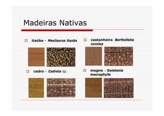 Madeiras Nativas

o   itaúba – Mezilaurus itauba   o   castanheira Bertholletia
                                     excelsa




o    cedro – Cedrela sp.         o   mogno - Swietenia
                                     macrophylla
 