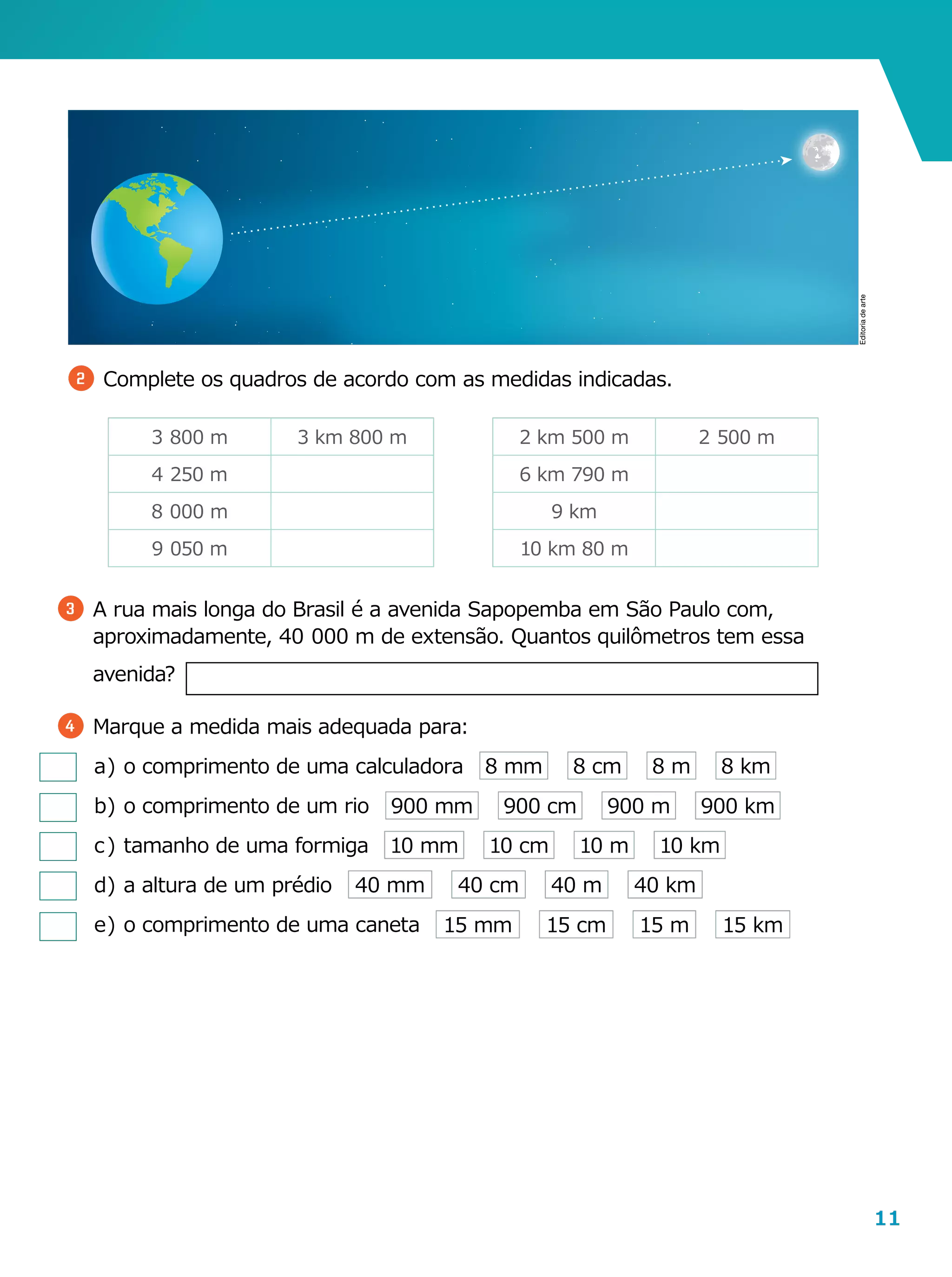 11
Editoriadearte
3 	A rua mais longa do Brasil é a avenida Sapopemba em São Paulo com,
aproximadamente, 40  000 m de extensão. Quantos quilômetros tem essa
avenida?
4 	Marque a medida mais adequada para:
a	)	o comprimento de uma calculadora
b	)	o comprimento de um rio
c	)	tamanho de uma formiga
d	)	a altura de um prédio
e	)	o comprimento de uma caneta
2 	Complete os quadros de acordo com as medidas indicadas.
3  800 m 3 km 800 m
4  250 m
8  000 m
9  050 m
2 km 500 m 2  500 m
6 km 790 m
9 km
10 km 80 m
900 mm 900 cm 900 m 900 km
10 mm 10 cm 10 m 10 km
40 mm 40 cm 40 m 40 km
15 mm 15 cm 15 m 15 km
8 mm 8 cm 8 m 8 km
 