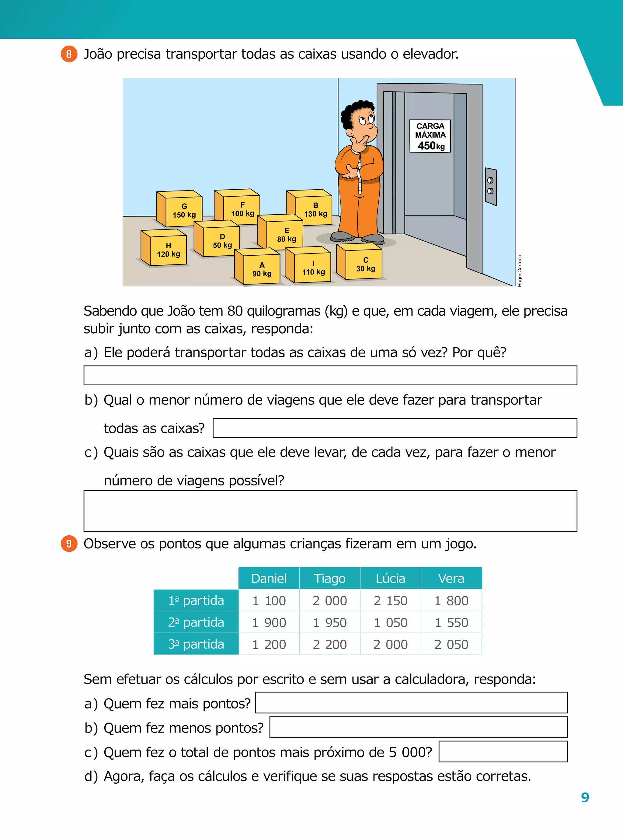 9
	 Sabendo que João tem 80 quilogramas (kg) e que, em cada viagem, ele precisa
subir junto com as caixas, responda:
a	)	Ele poderá transportar todas as caixas de uma só vez? Por quê?
b	)	Qual o menor número de viagens que ele deve fazer para transportar
todas as caixas?
c	)	Quais são as caixas que ele deve levar, de cada vez, para fazer o menor
número de viagens possível?
8 	João precisa transportar todas as caixas usando o elevador.
RogerCartoon
9 	Observe os pontos que algumas crianças fizeram em um jogo.
	 Sem efetuar os cálculos por escrito e sem usar a calculadora, responda:
a	)	Quem fez mais pontos?
b	)	Quem fez menos pontos?
c	)	Quem fez o total de pontos mais próximo de 5  000?
d	)	Agora, faça os cálculos e verifique se suas respostas estão corretas.
Daniel Tiago Lúcia Vera
1a
partida 1  100 2  000 2  150 1  800
2a
partida 1  900 1  950 1  050 1  550
3a
partida 1  200 2  200 2  000 2  050
 
