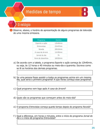 25
Medidas de tempo
8
Unidade
a	)	De acordo com a tabela, o programa Esporte e ação começa às 12h40min,
ou seja, às 12 horas e 40 minutos ou meio-dia e quarenta. Escreva como
se lê os horários dos demais programas.
b	)	Se uma pessoa fosse assistir a todos os programas acima em um mesmo
dia, qual seria o primeiro programa? A que horas começa esse programa?
c	)	Qual programa vem logo após A casa da árvore?
d	)	Quais são os programas que começam antes do meio-dia?
e	)	 O programa Entrevistas começa quanto tempo depois do programa Novela?
f	)	Qual a diferença, em horas e minutos, entre o início do programa Jornal do
dia e o início do programa Entrevistas?
O relógio
1 Observe, abaixo, o horário de apresentação de alguns programas de televisão
de uma mesma emissora.
Programa Horário
Esporte e ação 12h40min
Entrevistas 21h47min
Novela 20h10min
A casa da árvore 11h30min
Jornal do dia 7h
Hora de desenhos 16h50min
 