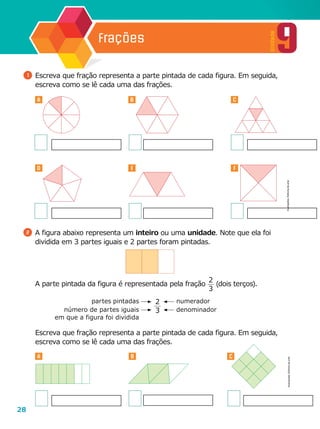28
9
Unidade
Frações
A B C
D E F
A B C
1 	Escreva que fração representa a parte pintada de cada figura. Em seguida,
escreva como se lê cada uma das frações.
	 Escreva que fração representa a parte pintada de cada figura. Em seguida,
escreva como se lê cada uma das frações.
2 	A figura abaixo representa um inteiro ou uma unidade. Note que ela foi
dividida em 3 partes iguais e 2 partes foram pintadas.
	 A parte pintada da figura é representada pela fração
2
3
(dois terços).
2
3
numerador
denominadornúmero de partes iguais
em que a figura foi dividida
partes pintadas
Ilustrações:EditoriadearteIlustrações:Editoriadearte
 