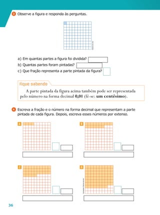 36
a	)	Em quantas partes a figura foi dividida?
b	)	Quantas partes foram pintadas?
c	)	Que fração representa a parte pintada da figura?
Fique sabendo
A parte pintada da figura acima também pode ser representada
pelo número na forma decimal 0,01 (lê-se: um centésimo).
C D
BA
4 	Escreva a fração e o número na forma decimal que representam a parte
pintada de cada figura. Depois, escreva esses números por extenso.
Editoriadearte
Ilustrações:Editoriadearte
3 	Observe a figura e responda às perguntas.
 