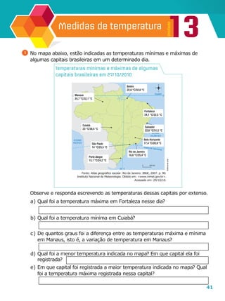 41
13
Unidade
Medidas de temperatura
0 440 km
	 Observe e responda escrevendo as temperaturas dessas capitais por extenso.
a	)	Qual foi a temperatura máxima em Fortaleza nesse dia?
b	)	Qual foi a temperatura mínima em Cuiabá?
c	)	De quantos graus foi a diferença entre as temperaturas máxima e mínima
em Manaus, isto é, a variação de temperatura em Manaus?
d	)	Qual foi a menor temperatura indicada no mapa? Em que capital ela foi
registrada?
e	)	Em que capital foi registrada a maior temperatura indicada no mapa? Qual
foi a temperatura máxima registrada nessa capital?
1 	No mapa abaixo, estão indicadas as temperaturas mínimas e máximas de
algumas capitais brasileiras em um determinado dia.
Temperaturas mínimas e máximas de algumas
capitais brasileiras em 27/10/2010
Manaus
24,7 °C/32,1 °C
Cuiabá
23 °C/36,4 °C
Porto Alegre
15,1 °C/24,2 °C
São Paulo
14 °C/23,5 °C
Rio de Janeiro
16,6 °C/25,4 °C
Belo Horizonte
17,4 °C/28,9 °C
Salvador
22,6 °C/31,5 °C
Fortaleza
24,1 °C/32,5 °C
Belém
22,6 °C/32,6 °C
Editoriadearte
Fonte: Atlas geográfico escolar. Rio de Janeiro: IBGE, 2007. p. 90.
Instituto Nacional de Meteorologia. Obtido em: <www.inmet.gov.br>.
Acessado em: 29/10/10.
 