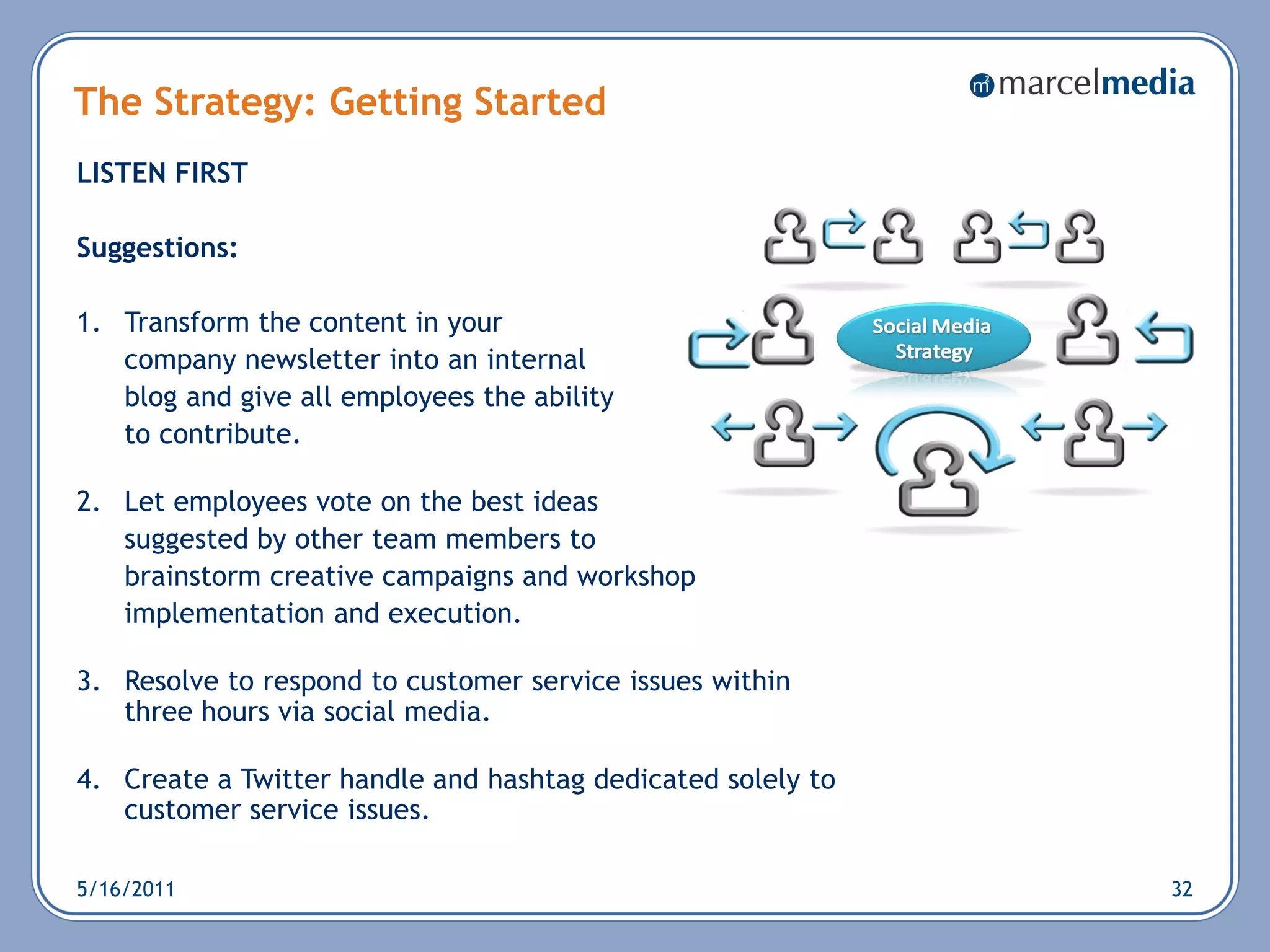 The Strategy: Getting Started
LISTEN FIRST

Suggestions:

1. Transform the content in your
   company newsletter into an internal
   blog and give all employees the ability
   to contribute.

2. Let employees vote on the best ideas
   suggested by other team members to
   brainstorm creative campaigns and workshop
   implementation and execution.

3. Resolve to respond to customer service issues within
   three hours via social media.

4. Create a Twitter handle and hashtag dedicated solely to
   customer service issues.

5/16/2011                                                    32
 