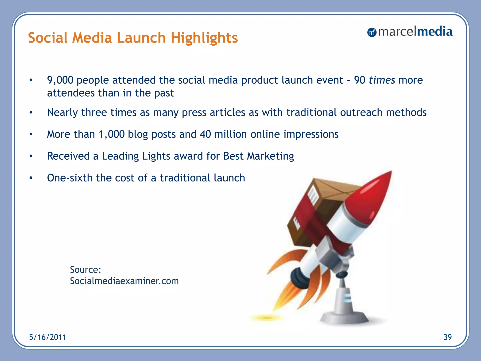 Social Media Launch Highlights

•   9,000 people attended the social media product launch event – 90 times more
    attendees than in the past
•   Nearly three times as many press articles as with traditional outreach methods

•   More than 1,000 blog posts and 40 million online impressions

•   Received a Leading Lights award for Best Marketing

•   One-sixth the cost of a traditional launch




            Source:
            Socialmediaexaminer.com




5/16/2011                                                                            39
 