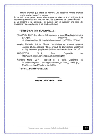 12Todo es veneno, nada es veneno. Todo depende de la dosis
inmune anormal que ataca los riñones. Una reacción inmune anómala
puede producirse de dos formas:
1) un anticuerpo puede atacar directamente al riñón o a un antígeno (una
sustancia que estimula una reacción inmune), adherido a las células renales.
2) un antígeno y un anticuerpo se pueden unir en cualquier otra parte del
organismo y luego adherirse a las células del riñón.
15.REFERENCIAS BIBLIOGRÁFICAS
Pérez Perla (2012) Los efectos del cadmio en la salud. Revista de medicina
quirúrgica. Disponible en:
http://www.medigraphic.com/pdfs/quirurgicas/rmq-2012/rmq123i.pdf
Méndez Marisela. (2011). Efectos neurotóxicos de metales pesados
(cadmio, plomo, arsénico y talio). Archivo de Neurociencia. Disponible
en: http://www.medigraphic.com/pdfs/arcneu/ane-2011/ane113f.pdf
LLENNTECH (2015). Plata. Disponible en:
http://www.lenntech.es/periodica/elementos/ag.htm
Gandara Mario (2011) Toxicidad de la plata. Disponible en:
http://www.raulybarra.com/notijoya/biblioteca_archivos_1.1/notijoya_1.
1/archivosnotijoya9/9plata_toxicidad.htm
16.FIRMA DE RESPONSABLE:
____________________
RIVERA LOOR INGALL LADY
 