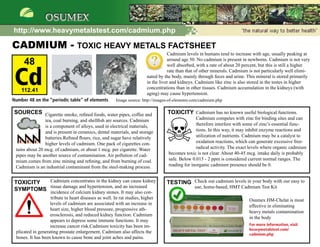 http://www.heavymetalstest.com/cadmium.php

CADMIUM - TOXIC HEAVY METALS FACTSHEET
                                                                                   Cadmium levels in humans tend to increase with age, usually peaking at
     48                                                                            around age 50. No cadmium is present in newborns. Cadmium is not very
                                                                                   well absorbed, with a rate of about 20 percent, but this is still a higher


 Cd
                                                                                   rate than that of other minerals. Cadmium is not particularly well elimi-
                                                                        nated by the body, mainly through feces and urine. This mineral is stored primarily
                                                                        in the liver and kidneys. Cadmium like zinc is also stored in the testes in higher
                                                                        concentrations than in other tissues. Cadmium accumulation in the kidneys (with
    112.41
                                                                        aging) may cause hypertension.
Number 48 on the “periodic table” of elements          Image source: http://images-of-elements.com/cadmium.php

SOURCES Cigarette smoke, refined foods, water pipes, coffee and                   TOXICITY Cadmium has no known useful biological functions.
                tea, coal burning, and shellfish are sources. Cadmium                            Cadmium competes with zinc for binding sites and can
                is a component of alloys, used in electrical materials,                          therefore interfere with some of zinc’s essential func-
                and is present in ceramics, dental materials, and storage                        tions. In this way, it may inhibit enzyme reactions and
                batteries.Refined flours, rice, and sugar have relatively                        utilization of nutrients. Cadmium may be a catalyst to
                higher levels of cadmium. One pack of cigarettes con-                            oxidation reactions, which can generate excessive free-
 tains about 20 mcg. of cadmium, or about 1 mcg. per cigarette. Water                            radical activity. The exact levels where organic cadmium
 pipes may be another source of contamination. Air pollution of cad-               becomes toxic is not clear. About 40-45 mcg. intake daily is probably
 mium comes from zinc mining and refining, and from burning of coal.               safe. Below 0.015 - 2 ppm is considered current normal ranges. The
 Cadmium is an industrial contaminant from the steel-making process.               reading for inorganic cadmium presence should be 0.


TOXICITY Cadmium concentrates in the kidney can cause kidney                      TESTING Check out cadmium levels in your body with our easy to
         tissue damage and hypertension, and an increased                                       use, home-based, HMT Cadmium Test Kit
SYMPTOMS incidence of calcium kidney stones. It may also con-
                   tribute to heart diseases as well. In rat studies, higher                                                 Osumex HM-Chelat is most
                   levels of cadmium are associated with an increase in
                                                                                                                             effective in eliminating
                   heart size, higher blood pressure, progressive ath-
                                                                                                                             heavy metals contamination
                   erosclerosis, and reduced kidney function. Cadmium
                                                                                                                             in the body
                   appears to depress some immune functions. It may
                   increase cancer risk.Cadmium toxicity has been im-                                                        For more information, visit
                                                                                                                             heavymetalstest.com/
 plicated in generating prostate enlargement. Cadmium also affects the                                                       cadmium.php
 bones. It has been known to cause bone and joint aches and pains.
 