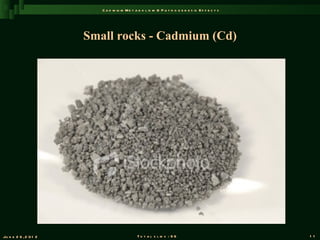 C a d m iu m M e t a b o l is m & P a t h o g e n e s is E f f e c t s




                       Small rocks - Cadmium (Cd)




Ju n e 2 6 , 2 0 1 2                          T o t a l s l id s : 9 6                             1 1
 