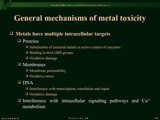 C a d m iu m M e t a b o l is m & P a t h o g e n e s is E f f e c t s




              General mechanisms of metal toxicity
               Metals have multiple intracellular targets
                      Proteins
                           Substitution of essential metals in active centers of enzymes
                           Binding to thiol (SH) groups
                           Oxidative damage
                      Membranes
                           Membrane permeability
                           Oxidative stress
                      DNA
                           Interference with transcription, translation and repair
                           Oxidative damage
                      Interference with intracellular signaling pathways and Ca2+
                       metabolism

Ju n e 2 6 , 2 0 1 2                                          T o t a l s l id s : 9 6                             48
 