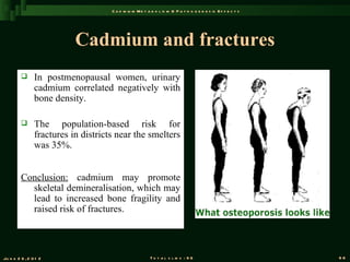 C a d m iu m M e t a b o l is m & P a t h o g e n e s is E f f e c t s




                           Cadmium and fractures
               In postmenopausal women, urinary
                cadmium correlated negatively with
                bone density.

               The population-based risk for
                fractures in districts near the smelters
                was 35%.


         Conclusion: cadmium may promote
           skeletal demineralisation, which may
           lead to increased bone fragility and
           raised risk of fractures.



Ju n e 2 6 , 2 0 1 2                                     T o t a l s l id s : 9 6                             66
 