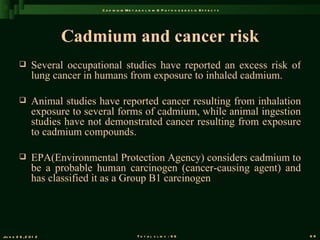 C a d m iu m M e t a b o l is m & P a t h o g e n e s is E f f e c t s




                       Cadmium and cancer risk
               Several occupational studies have reported an excess risk of
                lung cancer in humans from exposure to inhaled cadmium.

               Animal studies have reported cancer resulting from inhalation
                exposure to several forms of cadmium, while animal ingestion
                studies have not demonstrated cancer resulting from exposure
                to cadmium compounds.

               EPA(Environmental Protection Agency) considers cadmium to
                be a probable human carcinogen (cancer-causing agent) and
                has classified it as a Group B1 carcinogen




Ju n e 2 6 , 2 0 1 2                                T o t a l s l id s : 9 6                             69
 