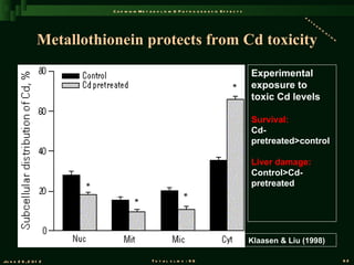 C a d m iu m M e t a b o l is m & P a t h o g e n e s is E f f e c t s
                                                                                                                   de
                                                                                                                      to
                                                                                                                         xi
                                                                                                                           fi
                                                                                                                             ca

                 Metallothionein protects from Cd toxicity
                                                                                                                                  ti
                                                                                                                                    on




                                                                                                     Experimental
                                                                                                     exposure to
                                                                                                     toxic Cd levels

                                                                                                     Survival:
                                                                                                     Cd-
                                                                                                     pretreated>control

                                                                                                     Liver damage:
                                                                                                     Control>Cd-
                                                                                                     pretreated




                                                                                                     Klaasen & Liu (1998)

Ju n e 2 6 , 2 0 1 2                            T o t a l s l id s : 9 6                                                                 82
 