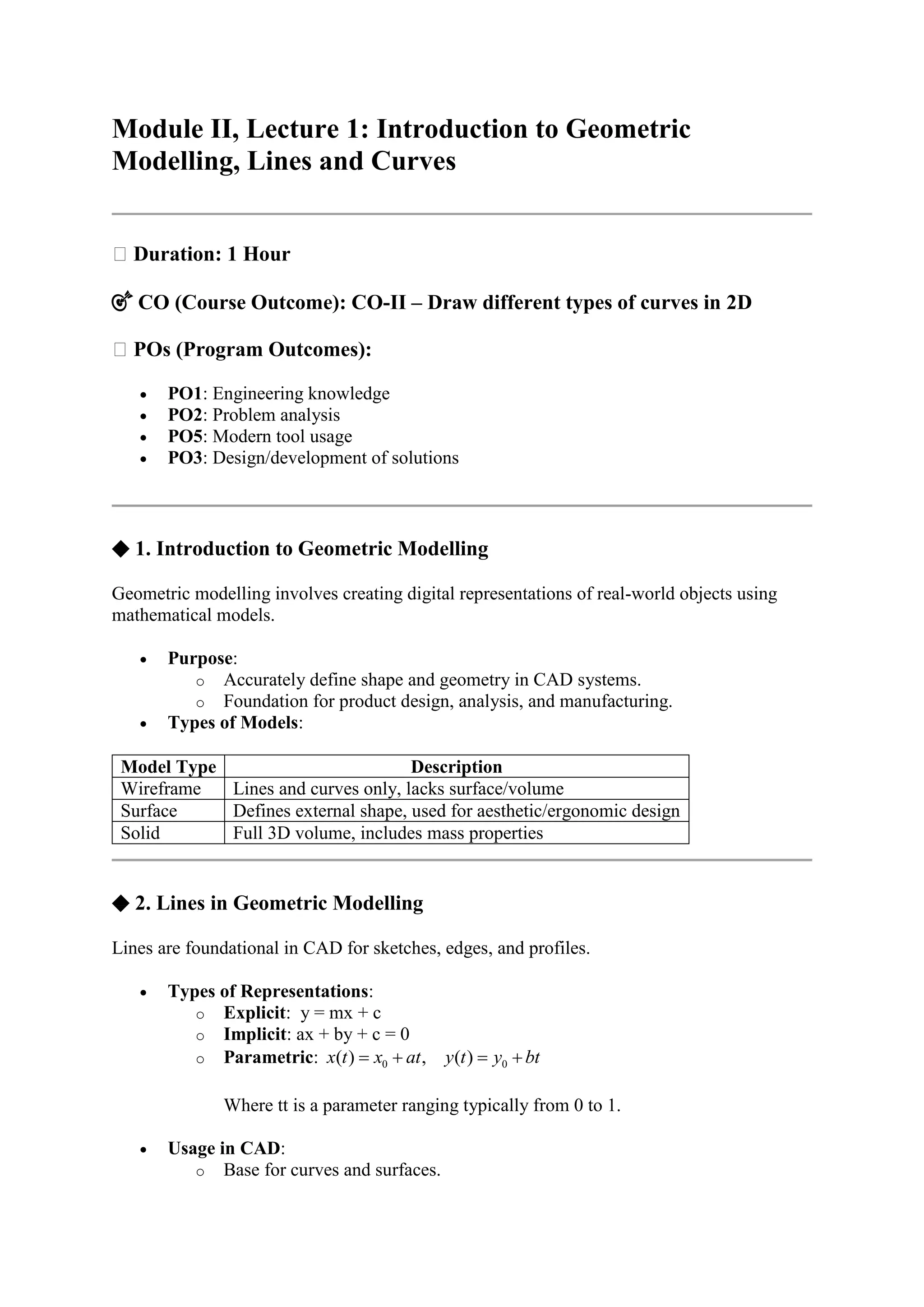 Module- II (CO-II) Geometric Modelling- straight line, representation ...