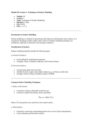 Module- III (CO-III) Techniques of surface modelling, plane surface ...